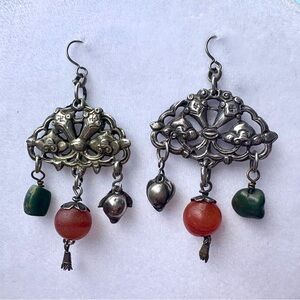 Antique (c.1880–1930) Chinese Silver Earrings 22g Qing Dynasty Carnelian Jade Tr